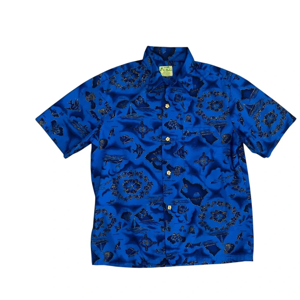 Ui Maikai Hawaiian Shirt VTG Men's Medium‎ Blue Island Map Print Aloha Button Up
